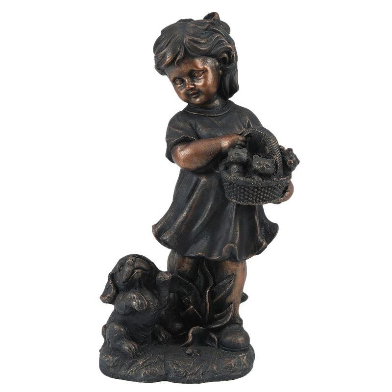 Bronze Girl Holding Basket of Kittens with Puppy Garden Statue