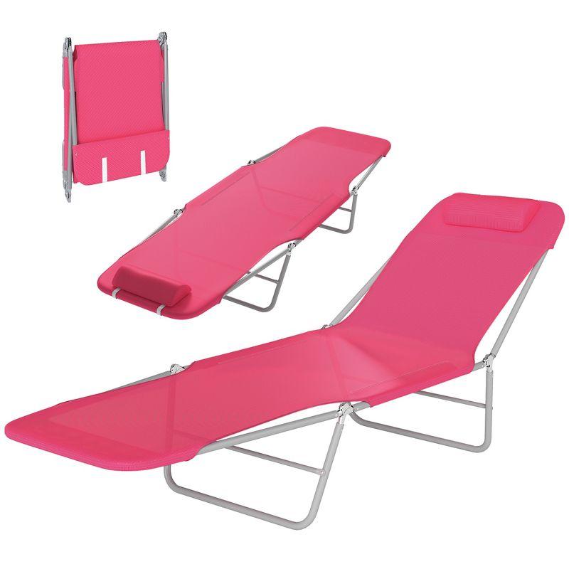 Outsunny Foldable Outdoor Chaise Lounge Chair, 5-Level Reclining Camping Tanning Chair with Breathable Mesh Fabric and Headrest, Pink