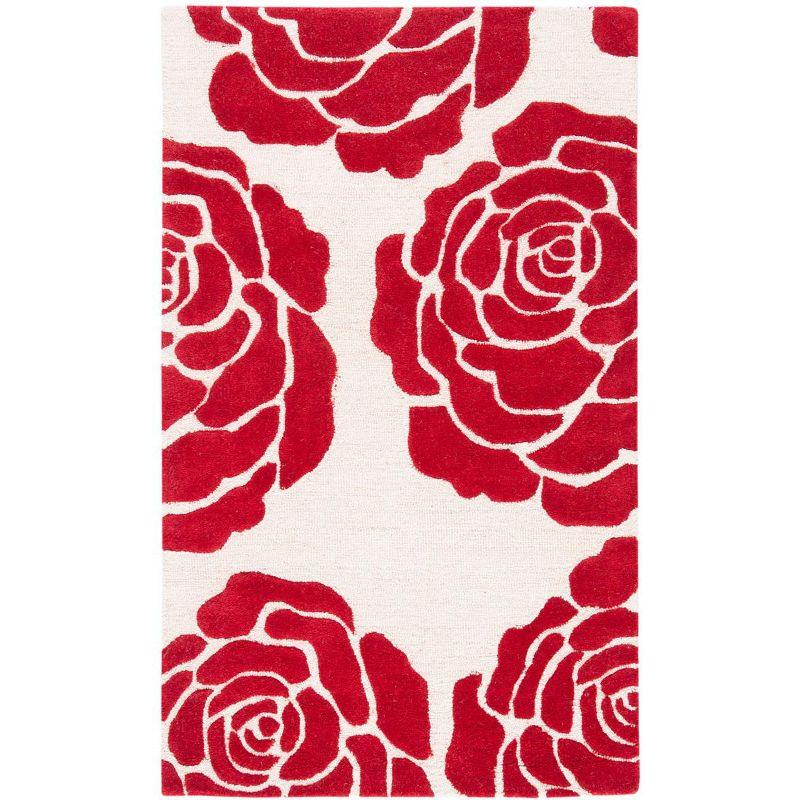 Ivory and Red Floral Hand-Tufted Wool 4' x 6' Area Rug