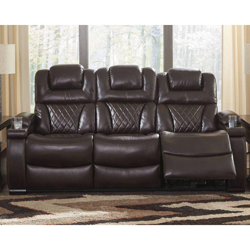 Warnerton Power Recliner Sofa with Adjustable Headrest Chocolate - Signature Design by Ashley: USB Port, Cup Holder, Storage