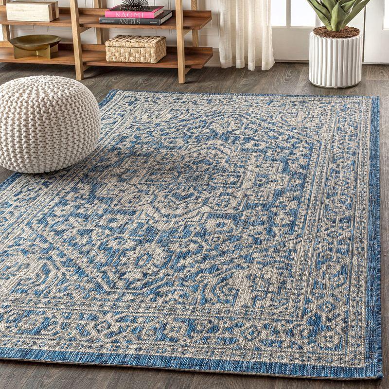 8'x10' Sinjuri Medallion Textured Weave Indoor/Outdoor Area Rug, Navy/Gray - JONATHAN Y