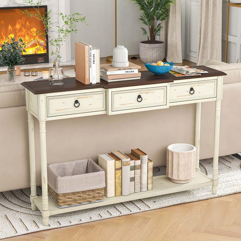 Costway Farmhouse Console Table Entryway Sideboard with 3 Drawers & Open Storage Shelf