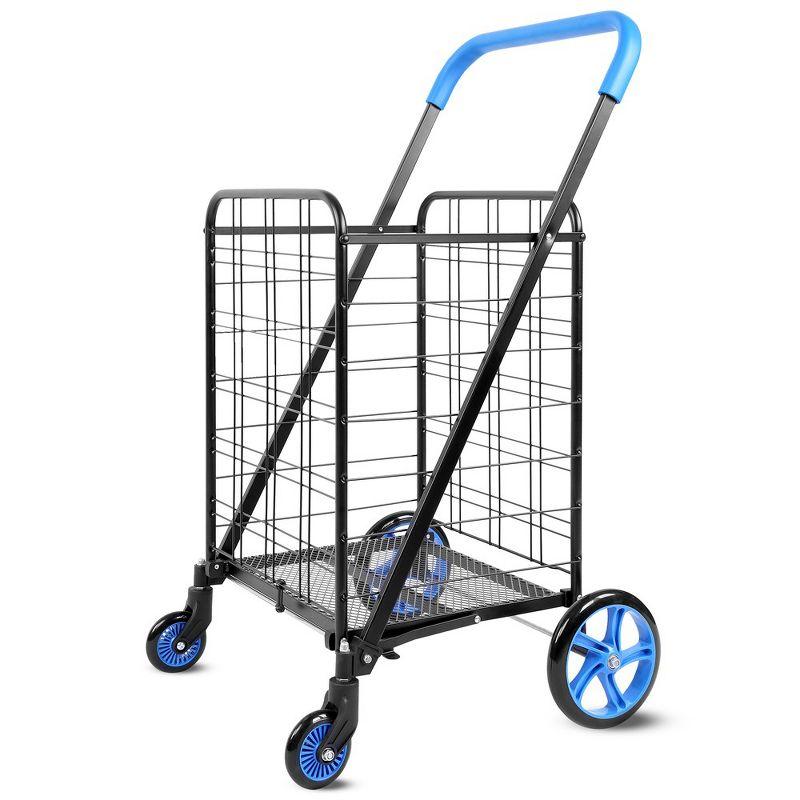 Black and Blue Alloy Steel Folding Utility Cart with Swivel Wheels