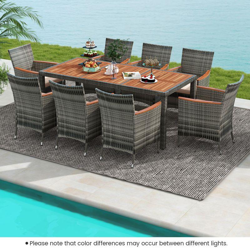 Costway 9PCS Patio Rattan Dining Set Mix Gray Acacia Wood Table Cushioned Chair