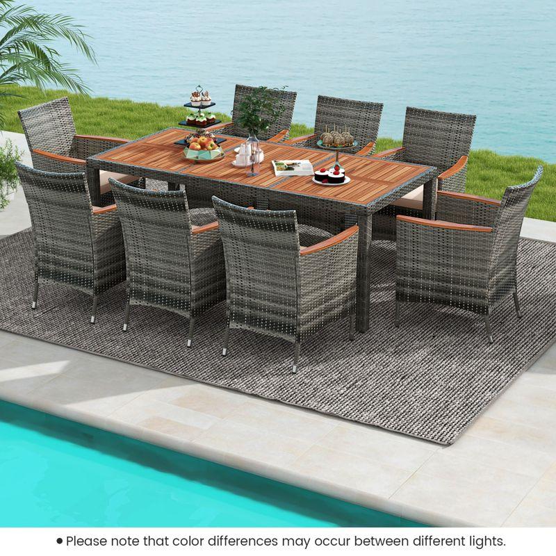 Costway 9PCS Patio Rattan Dining Set Acacia Wood Table Cushioned Chair Mix Gray