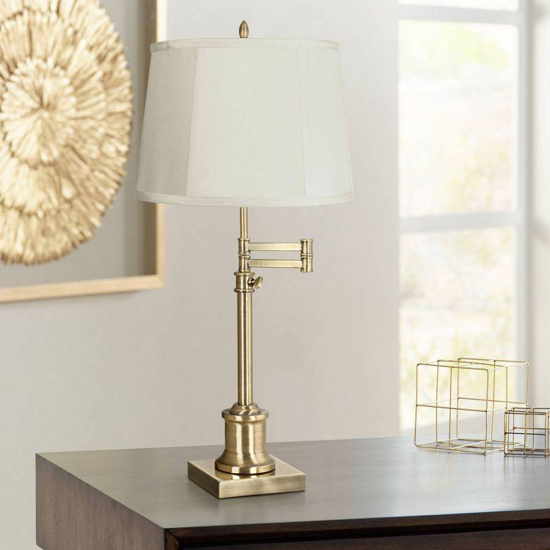 360 Lighting Swing Arm Desk Table Lamp 36" Tall Antique Brass Beige Fabric Drum Shade for Living Room Bedroom Bedside Office Family