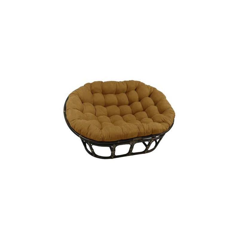 Bohemian Rattan Double Papasan Chair with Plush Camel Microsuede Cushion