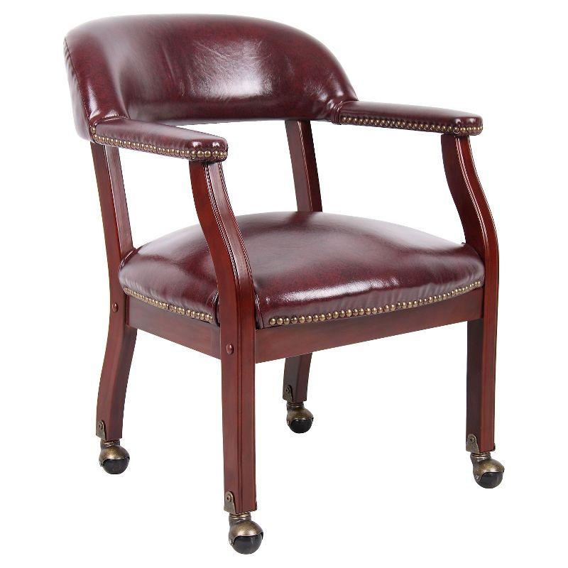 Regal Burgundy Vinyl Captain's Chair with Mahogany Wood Base