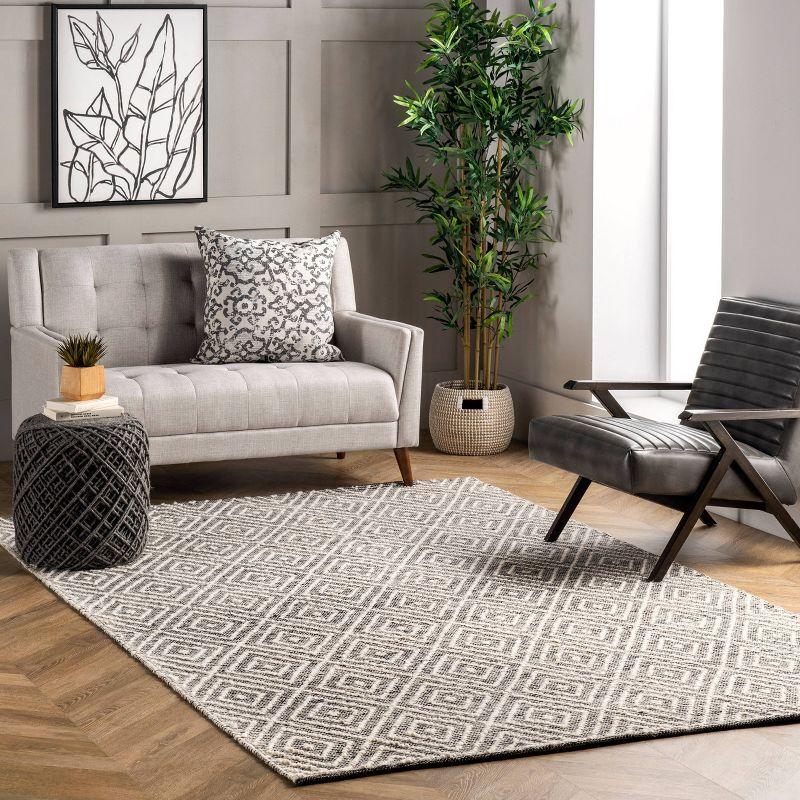 nuLOOM 6'x9' Flora Handmade Textured Diamonds Wool Area Rug Gray/Ivory: Geometric Flat Pile, Indoor Use