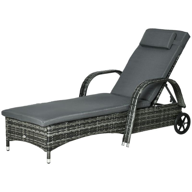 Outsunny Patio Wicker Chaise Lounge, PE Rattan Outdoor Lounge Chair with Cushion, Pillow, Height Adjustable Backrest & Wheels, Mixed gray