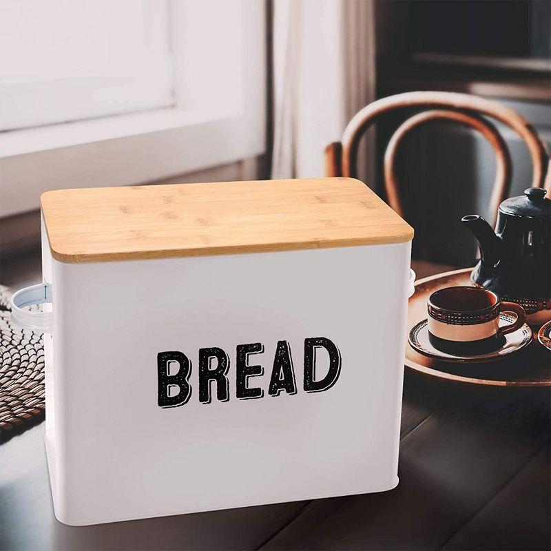 Granrosi 10" Tall Vintage-Inspired Farmhouse Metal Bread Keeper Box Storage Container with Bamboo Wooden Lid and 2 Handles, White