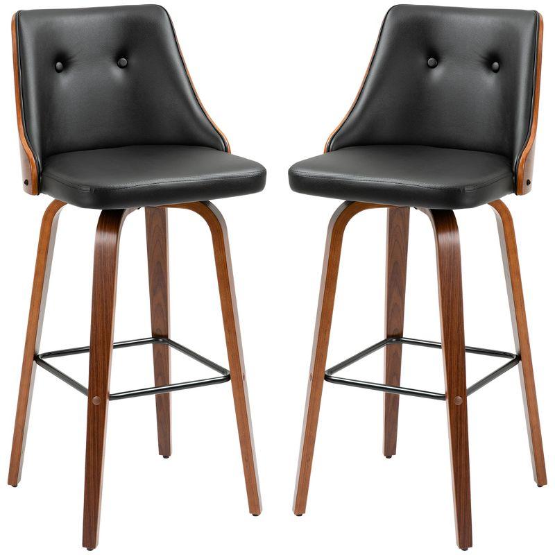 HOMCOM Bar Height Bar Stools Set of 2 PU Leather Swivel Barstools with Footrest and Tufted Back