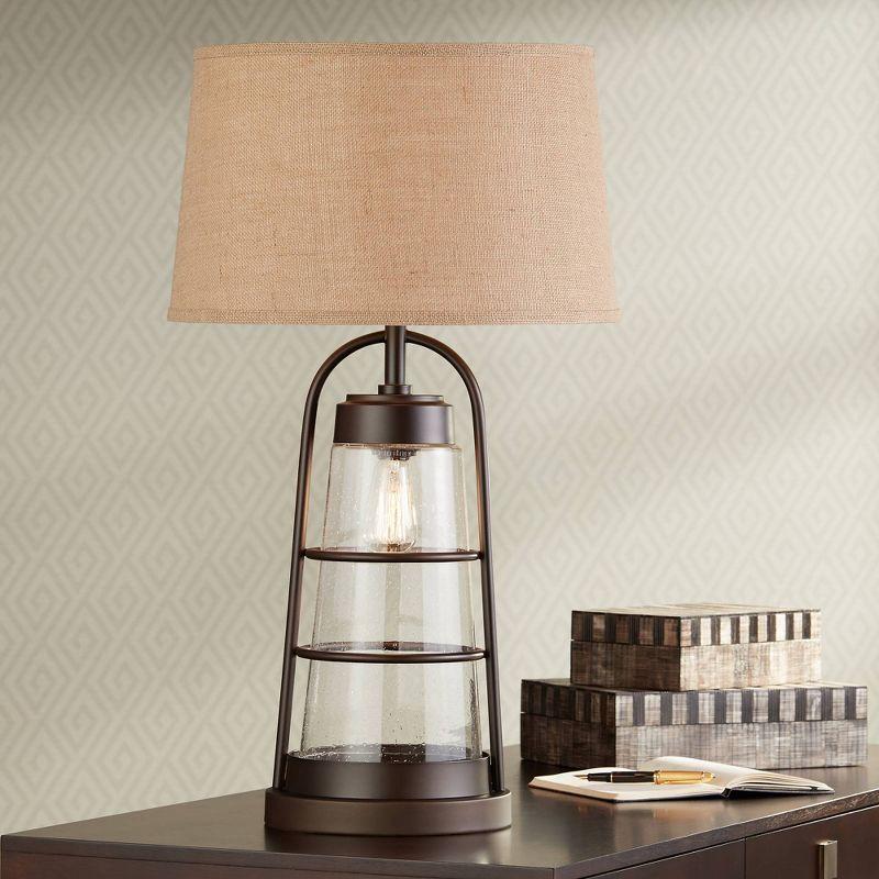 Franklin Iron Works Rustic Farmhouse Table Lamp 31" Tall with Nightlight Bronze Clear Seeded Glass Burlap Shade for Bedroom Living Room House Bedside