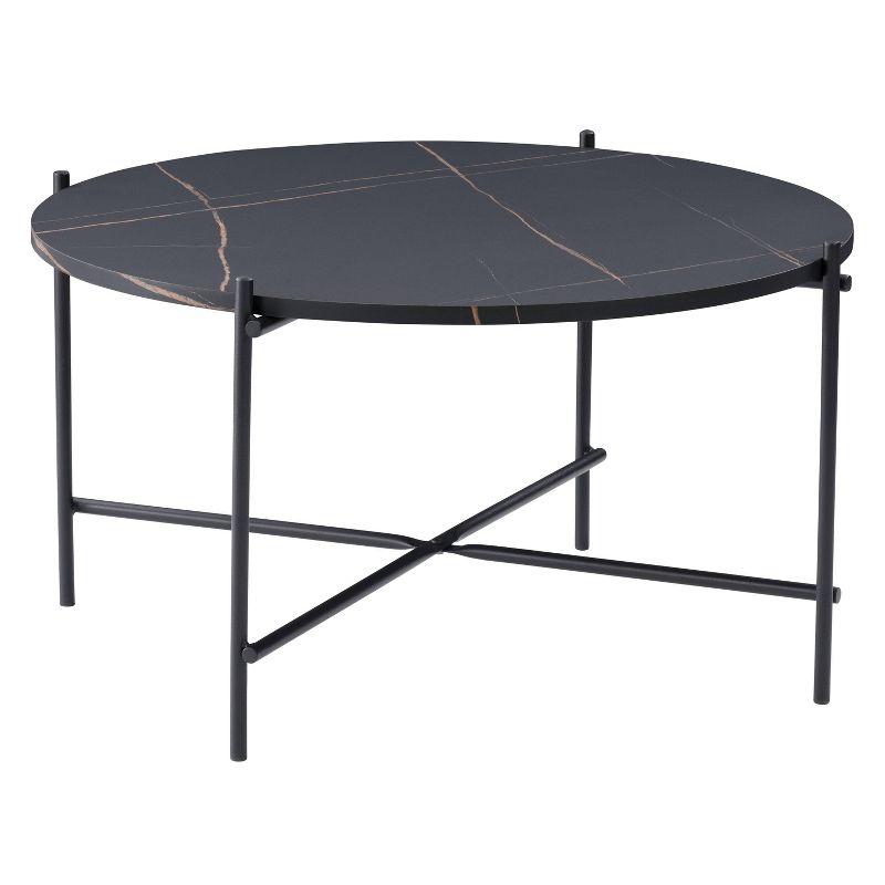 Modern Sleek Black Marbled Round Coffee Table with Metal Frame