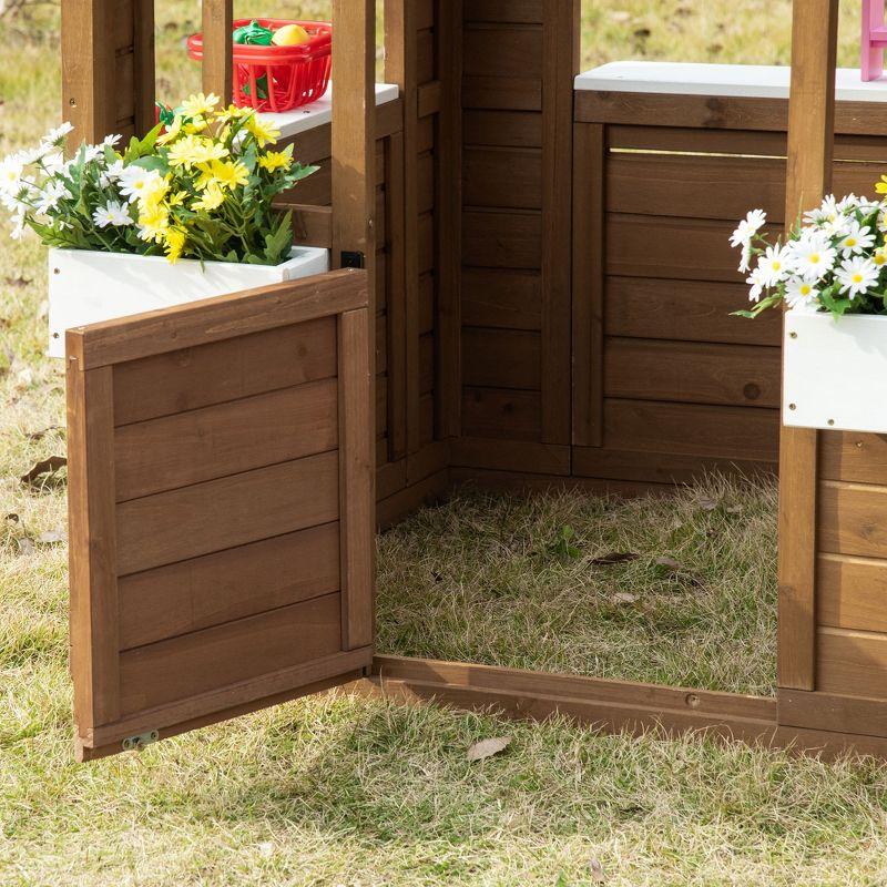 Brown Wooden Outdoor Kids Playhouse with Flowerpot Holders