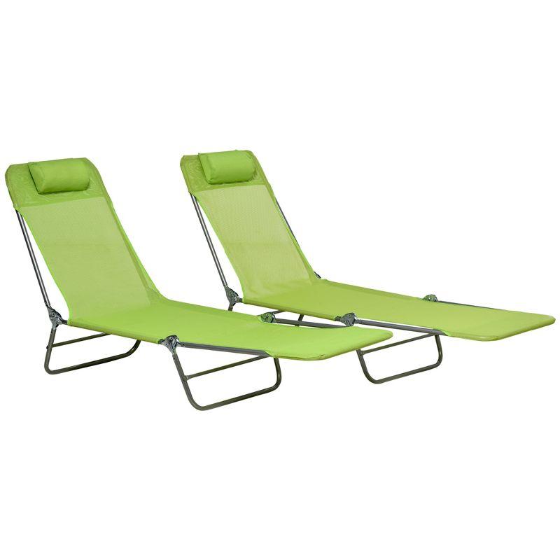 Outsunny Folding Chaise Lounge Pool Chairs, Set of 2 Outdoor Sun Tanning Chairs with Pillow, Five-Position Reclining Back for Beach, Green