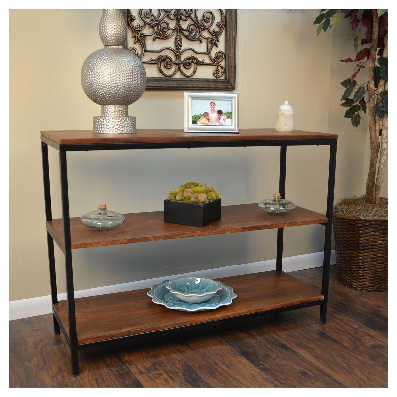 Chestnut and Black Industrial Console with Storage Shelves