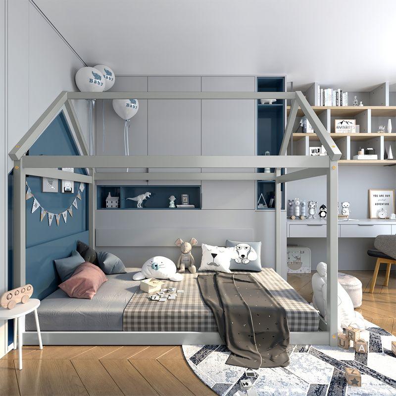 Gray Twin House Bed with Wood Frame and Roof