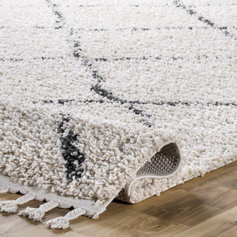 Off-White Braided Shag Square Area Rug with Tassels, 6'x6'