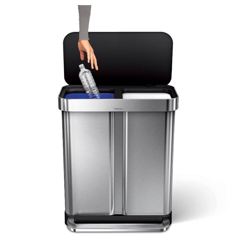 simplehuman 58L Rectangular Dual Compartment Recycling Step Trash Can Brushed Stainless Steel: Fingerprint-Resistant Garbage Can