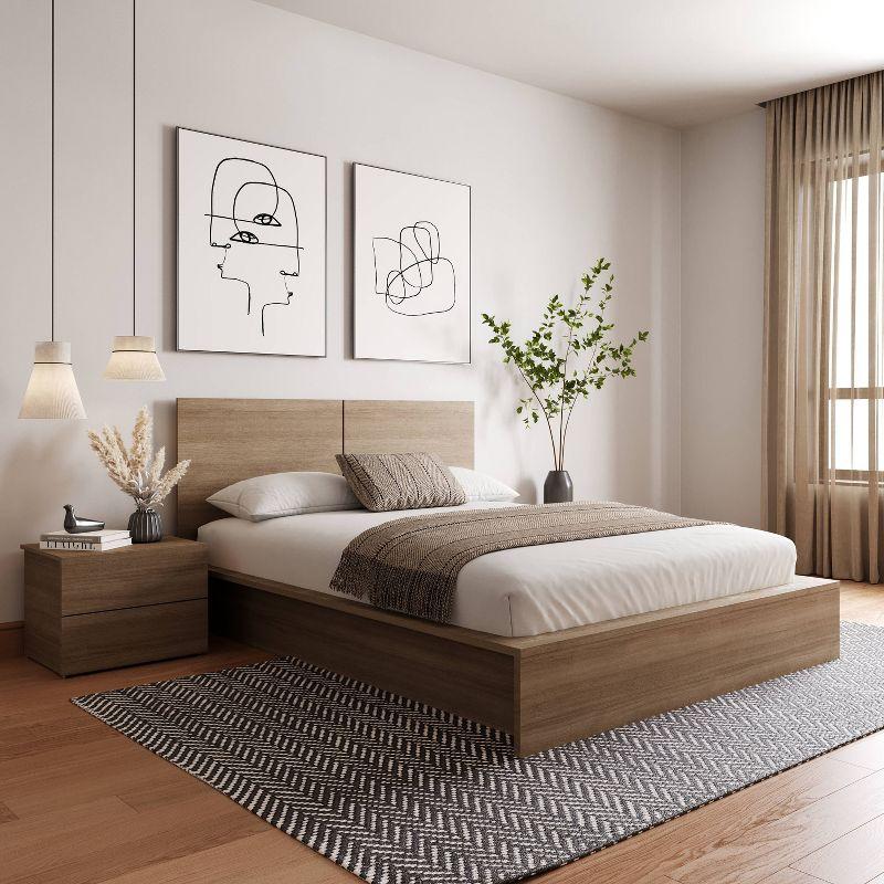 Nexera Queen 3pc James Bedroom Set Brown Oak: Modern Style, Platform Bed, 1 Nightstand Included