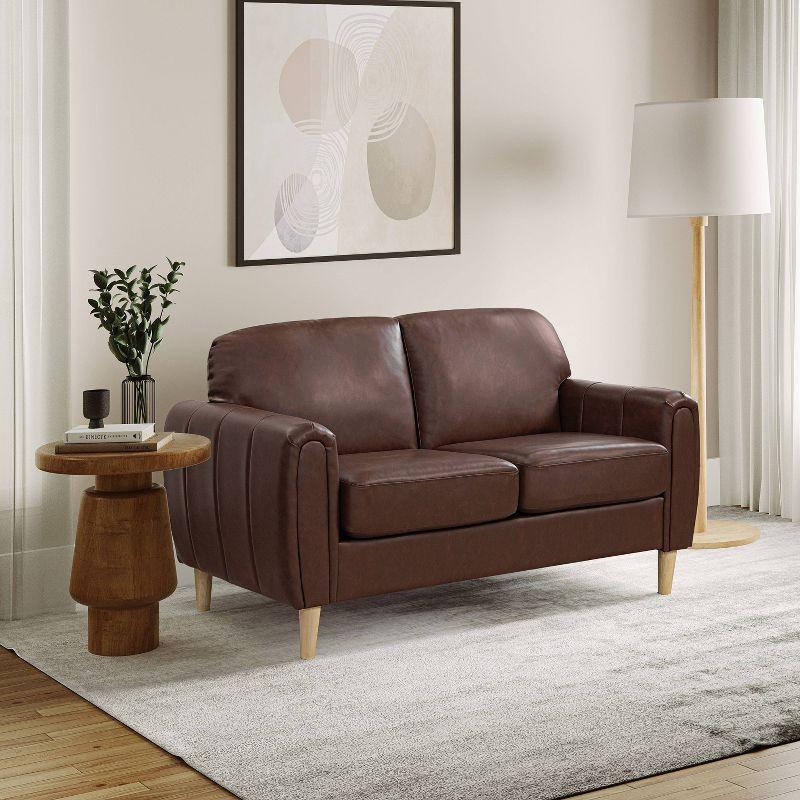 Brown Faux Leather Tufted Lawson Loveseat with Wood Legs