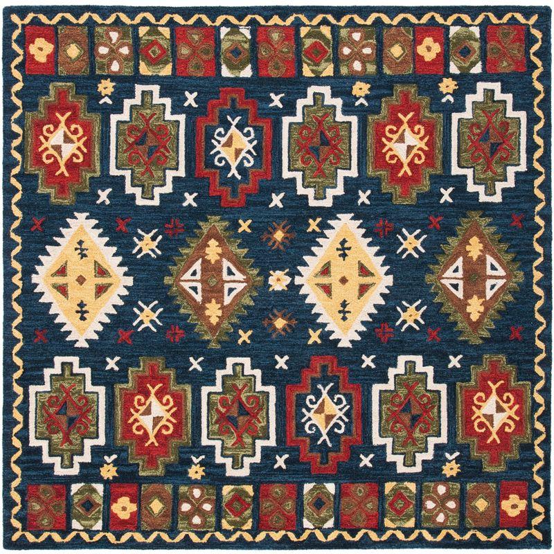 Handmade Red and Navy Wool Tribal Area Rug, 6' Square