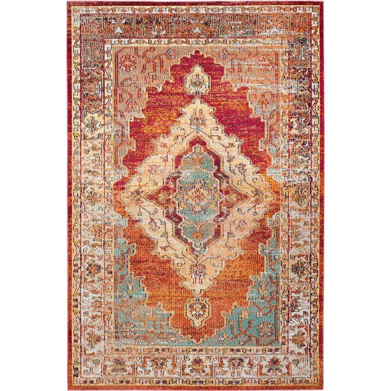 Reversible Orange and Light Blue Synthetic Rectangular Area Rug