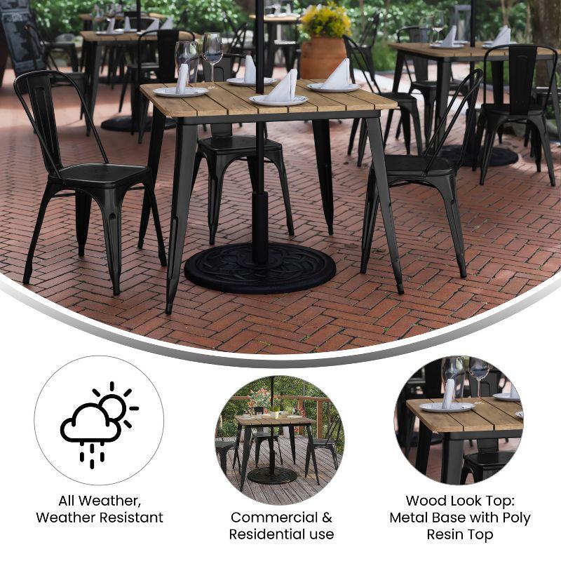 Flash Furniture Declan Commercial Indoor/Outdoor Dining Table with Umbrella Hole, 36" Square All Weather Brown Poly Resin Top and Black Steel Base