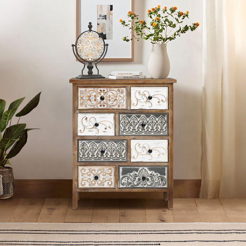 LuxenHome 8-Drawer 32.25" H x 25.75" W Rustic Carved Wood Accent Chest. Brown