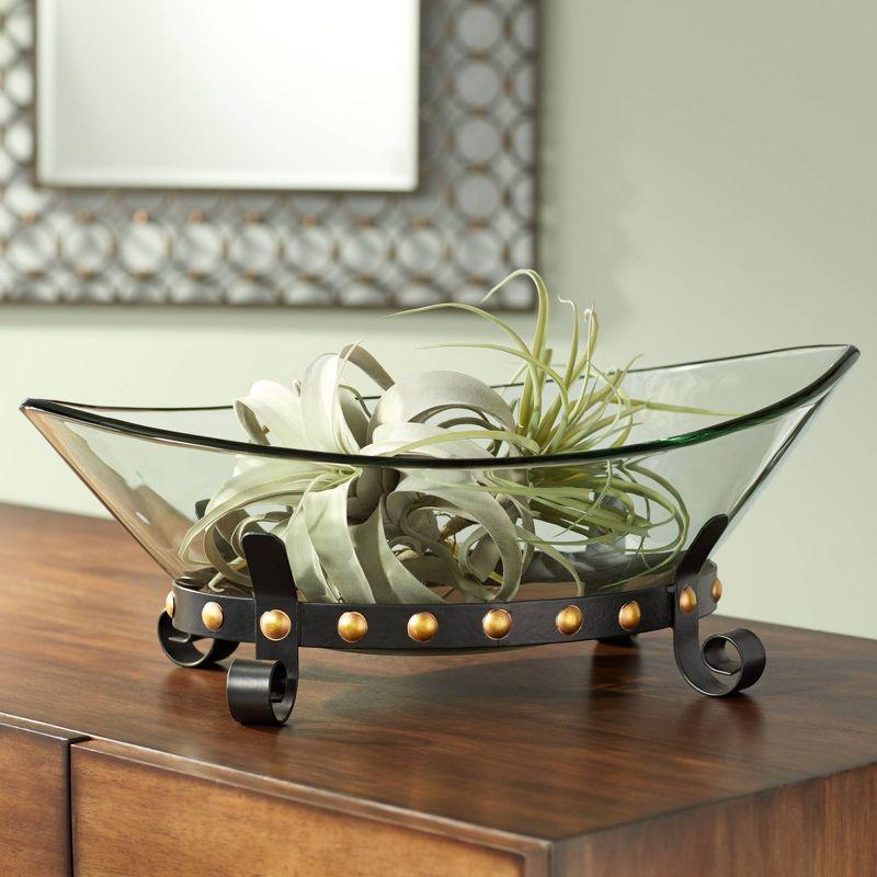 Elegant 26'' Black and Gold Glass Decorative Bowl with Curved Stand
