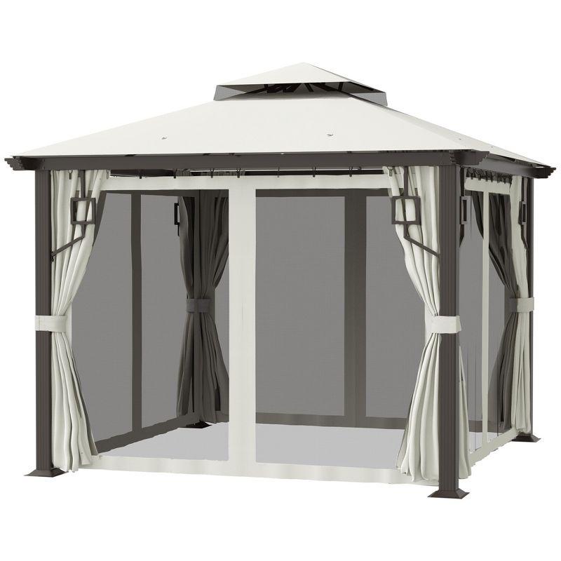 Outsunny 10' x 10' Patio Gazebo Outdoor Canopy Shelter with Aluminum Frame, Double Tier Roof, Netting and Curtains for Garden, Lawn, Cream White