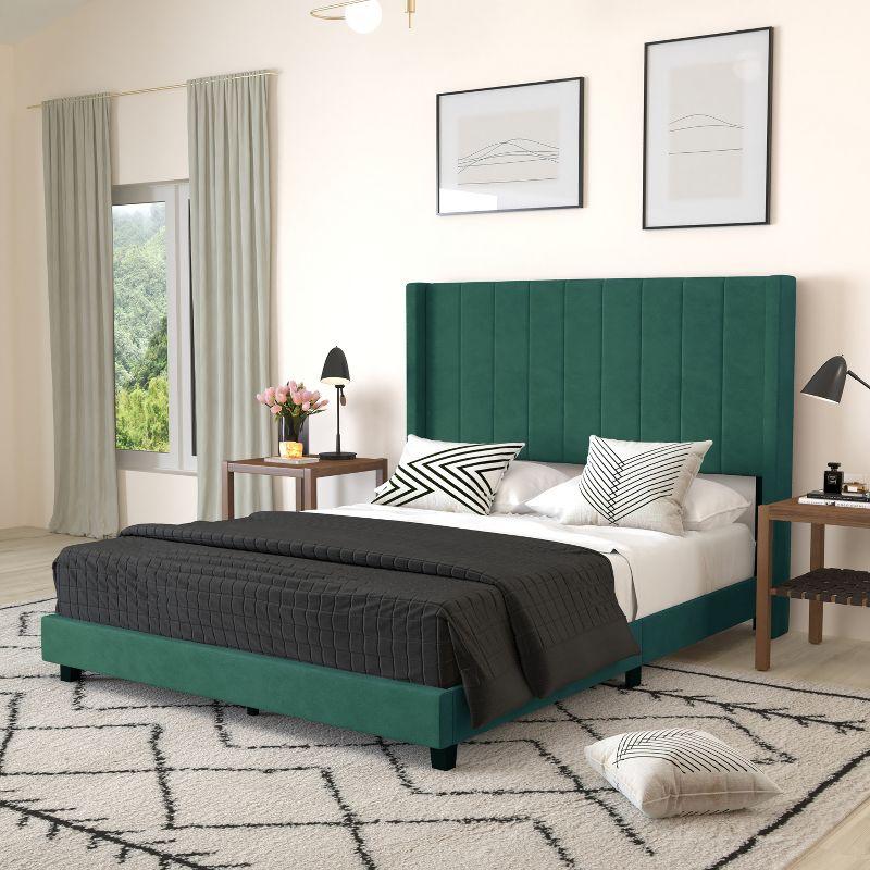 Emerald Velvet Queen Upholstered Platform Bed with Tufted Wingback Headboard