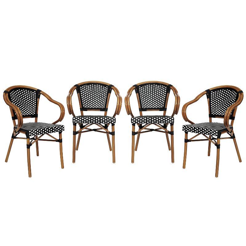 Merrick Lane Sacha Set of Four Stacking Thonet Bistro Style Chair with Arms, Black & White PE Rattan Seat, & Bamboo Metal Frame for Indoor/Outdoor Use