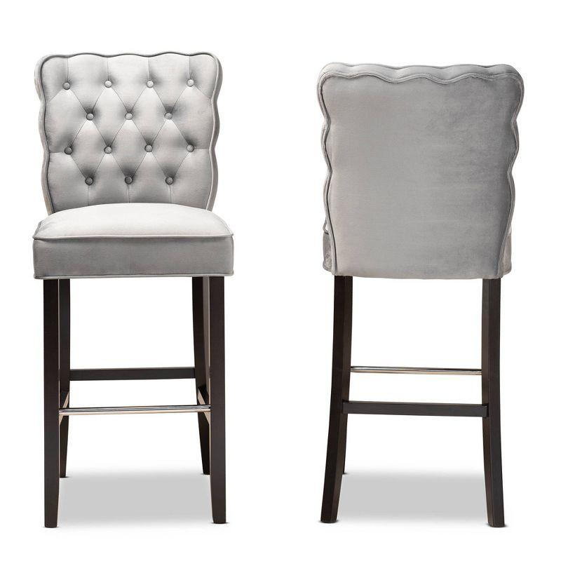 2pc Daphne Velvet Fabric Upholstered and Wood Counter Height Barstool Set Gray/Brown - Baxton Studio: Elegant Tufted Design, Silver-Tone Footrest