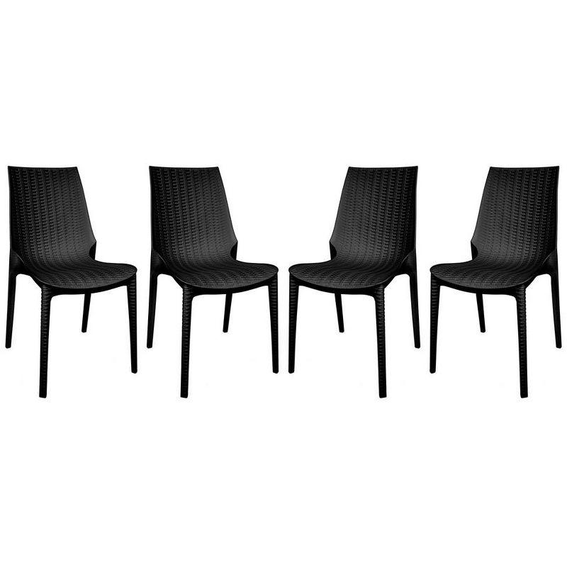 LeisureMod Kent Modern Outdoor Plastic Dining Chair Stackable Design Set of 4 in Black
