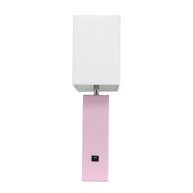 21" Lexington Leather Base Modern Home Decor Bedside Table Lamp with USB Charging Port and Fabric Shade Blush/White - Lalia Home: No Assembly