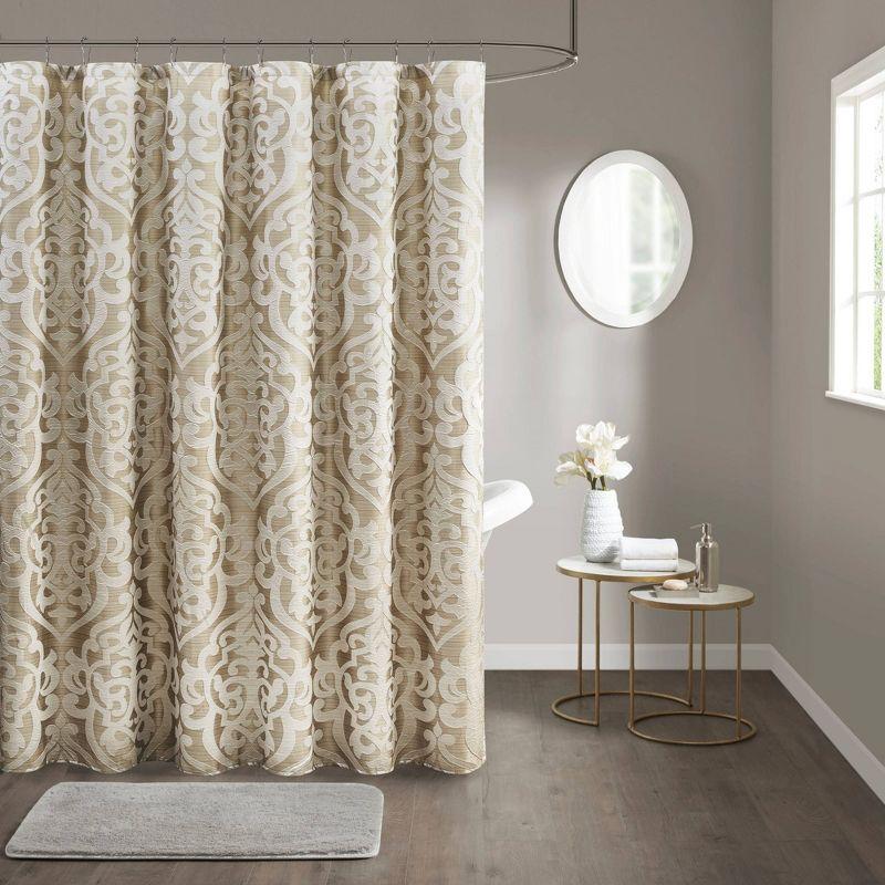 Tan and Ivory Damask Jacquard Fabric Shower Curtain