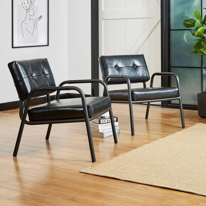 Mid-Century Modern Leatherette Arm Accent Chair Frosted Black Metal Frame Black - Glitzhome