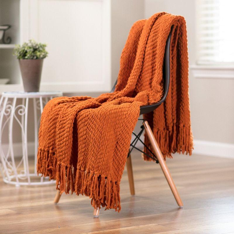 Chanasya Textured Knit Throw Blanket with Tassels - 60" x 70” - Orange