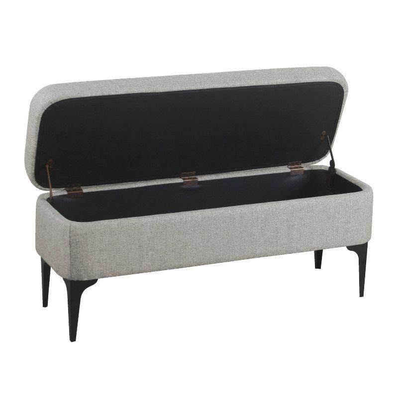 Large Gray Upholstered Storage Bench with Black Metal Legs