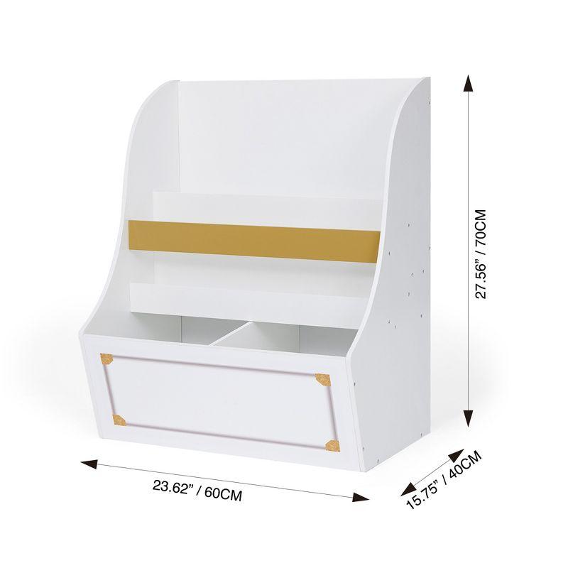 White Wooden Kids Bookcase with Gold Accents and Storage Cubes