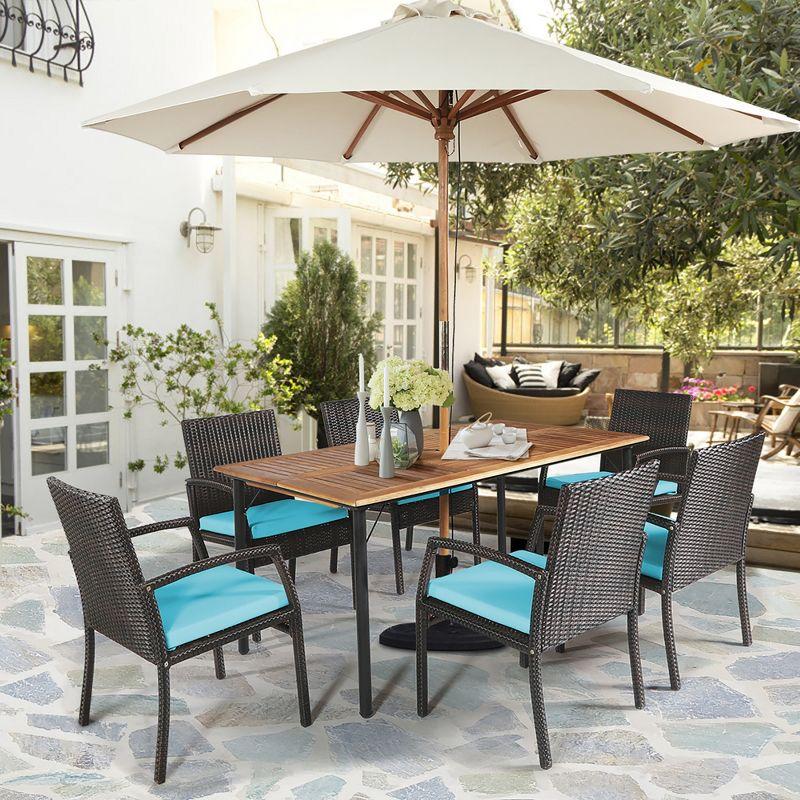 Costway 7PCS Patio Rattan Dining Chair Table Set with Cushion Umbrella Hole Turquoise