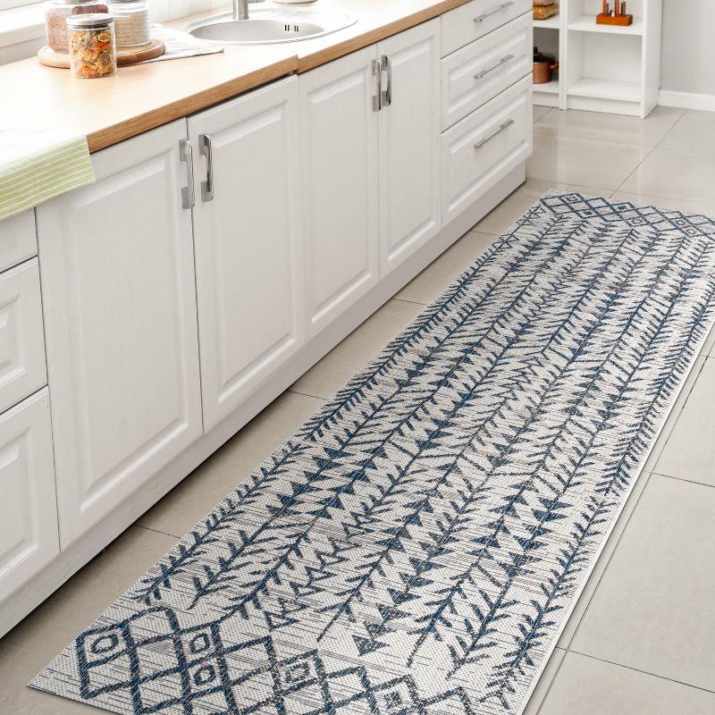 2'x8' Tokay Bohemian Styled Geometric Indoor/Outdoor Runner Rug, Ivory/Blue - JONATHAN Y