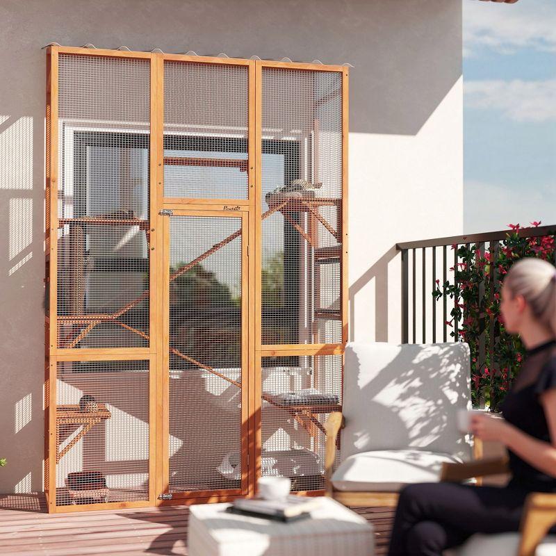 PawHut Outdoor Catio Cat Enclosure, Large Wooden Cat House with 6 Jumping Platforms, Scratching Post, 2 Ramps, Waterproof Roof, for 2-3 Kittens