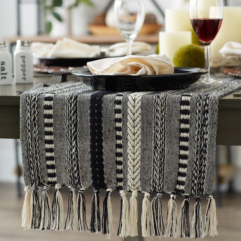 Design Imports  Braided Stripe Jacquard Fringe Table Runner, 15X108", Black