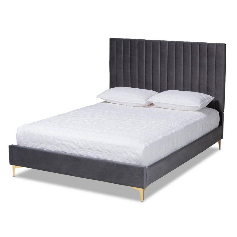 Serrano Full Size Grey Velvet Upholstered Platform Bed with Gold Legs