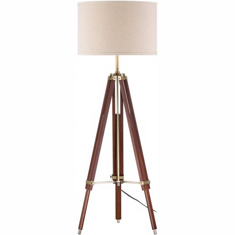 Possini Euro Design Surveyor Modern Tripod Floor Lamp 57 1/2" Tall Cherry Wood Adjustable Beige Linen Drum Shade for Living Room Bedroom Office House