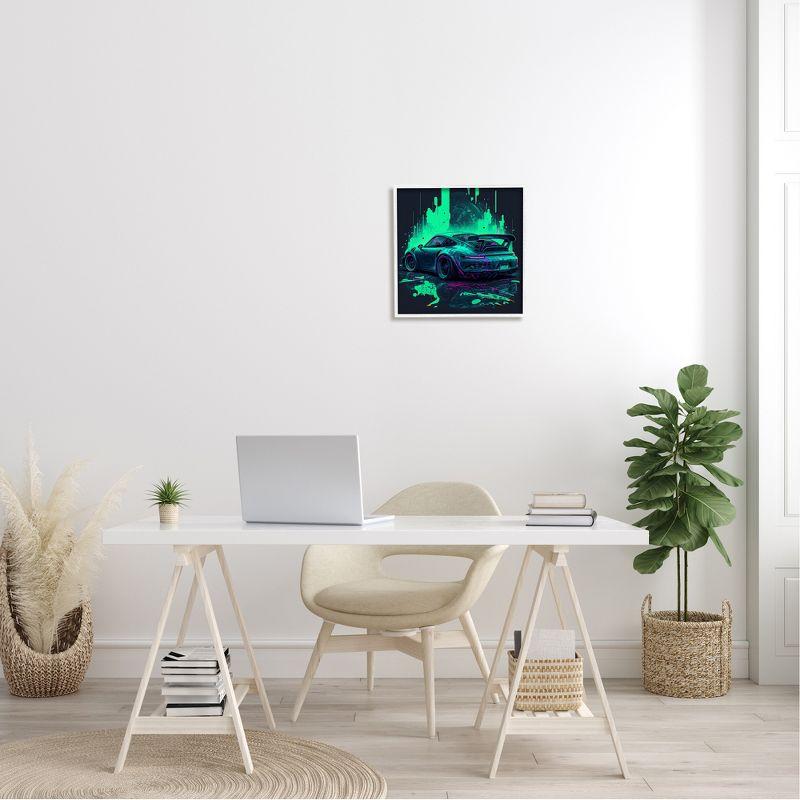 Urban Sports Car Neon Graffiti Canvas Print in White Frame