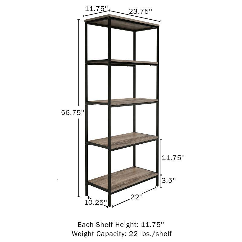 Rustic Gray Woodgrain 5-Tier Industrial Bookshelf